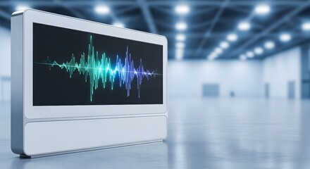 Modern tech booth featuring a sleek touchscreen wall displaying a digital audio waveform for an advanced data analysis concept.