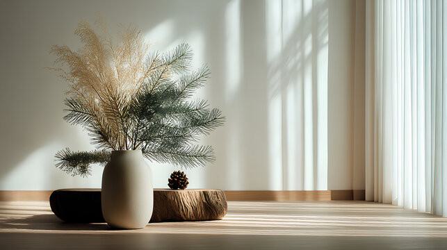 静寂を感じる和モダン正月インテリア 松と自然光の空間