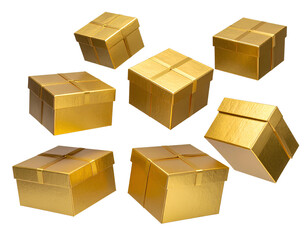 Multiple golden gift boxes suspended mid air as if floating or tossed varying sizes
