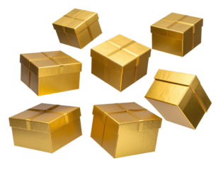 Multiple golden gift boxes suspended mid air as if floating or tossed varying sizes