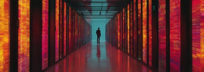 Photography of people working in a high-tech data center with a glowing light speed lines of data code running through the rows of server racks.	