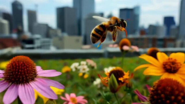 Bee Flower City Skyline Rooftop Urban Nature Pollination Summer Yellow Garden Macro Closeup Pollen Vibrant Pink Flower Meadow Soft City Skyline Background Urban Rooftop Garden