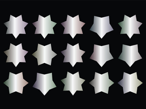 Set of 15 Silver Metallic Gradient Geometric Star Shapes Vector Collection isolated PNG with Transparent Background
