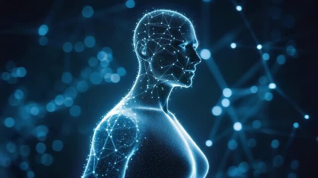 Man's body is made up of a network of lines and dots. Concept of complexity and interconnectedness, as if the man's body is a representation of the vast and intricate web of life