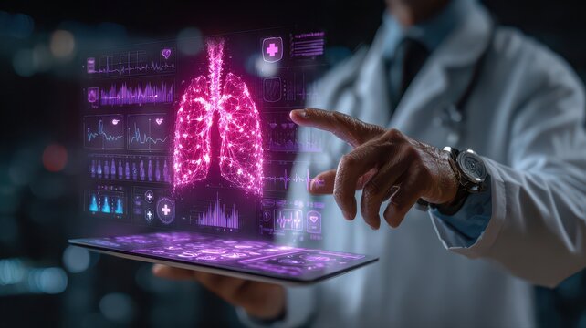 Photography of the doctor holding a device and drawing the holographic digital medical icon data floating above it. Features elements of DNA strands, health charts, medical icons, vector illustrations - Powered by Adobe