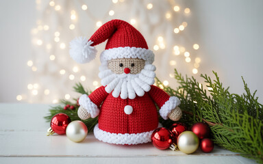 A happy winter snowman wearing a red hat and scarf stands by a decorated Christmas tree with gifts and festive balls to celebrate a merry December holiday season