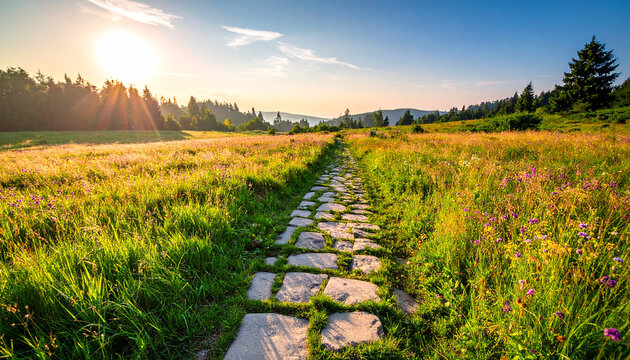 Stone path winding through flourishing meadow, vibrant grass and flowers, soft morning light, calm