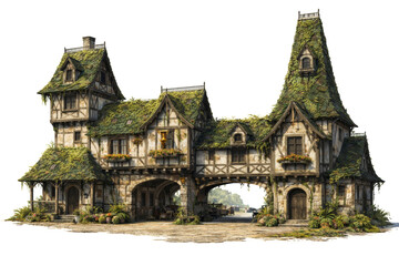 Naklejka premium Medieval Gatehouse with Mossy Roofs – Fantasy Village Architecture