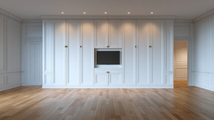 Obraz premium Elegant modern interior design of minimalist living room with wooden floor and white wall cabinetry featuring built-in television and ambient lighting