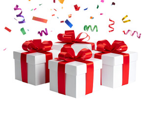 Several Christmas gift boxes wrapped in white paper with bold red ribbons positioned