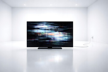Ultra-realistic photo of a broken modern television isolated in a seamless white studio, showing authentic glitch distortion, static noise, and digital signal failure in a clean luxury environment.