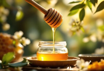 Honey drips from dipper into jar, floral backdrop
