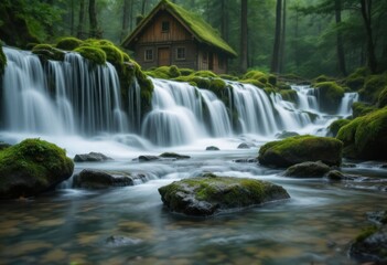 Fototapeta premium Mossy falls flow near cabin in verdant forest scene