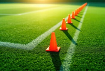 Orange cones in a row on green turf, bright light