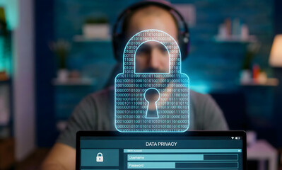 closed digital padlock icon made of binary code placed over a blurred face of a person using a computer, internet privacy concept