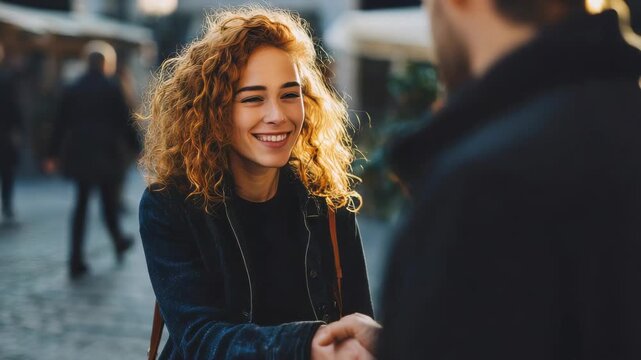 Smiling woman with curly red hair shaking hands with a man on a city street