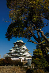 The Osaka-jo Castle Tower in Japan, with White Walls and a Green Roof, Against a Clear Blue Sky