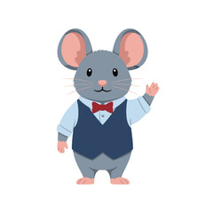 Cute Cartoon Mouse Character in Vest and Bow Tie Waving.