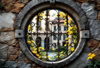 Stone wall round window, iron grating, yellow flowers