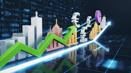 Futuristic financial market analysis showcasing digital data, currency symbols, rising charts, and economic growth visuals for innovative financial presentations.