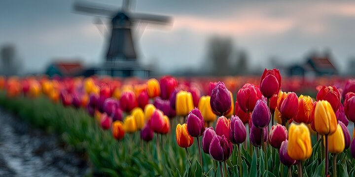 Vast field of blooming red and yellow tulips stretches out with a traditional Dutch windmill blurred in the background under a blue sky.