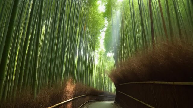 Serene pathway winding through a lush green bamboo forest in Japan, with golden sunlight filtering gently through the tall, dense stalks creating a peaceful ambiance