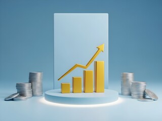 3D graph showing upward trend with stacks of coins around it on a blue background