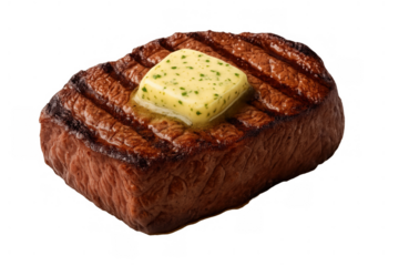Grilled beef steak with melting herb butter pat on top, isolated with transparent background. Food and dining concept