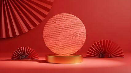 A vibrant red textured sphere on a golden pedestal surrounded by decorative fans in a red studio setting from a frontal viewpoint.