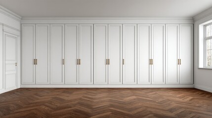 Fototapeta premium Elegant interior design featuring minimalist cabinetry in a bright room with wooden flooring and large windows, ideal for modern home aesthetics and organization.