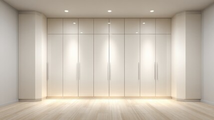 Fototapeta premium Modern Minimalist Wardrobe Design with Sleek White Cabinetry and Stylish Handles in a Bright, Spacious Room Featuring Soft Ambient Lighting