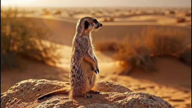 Meerkat Sentry Standing Guard on a Rock in the Desert at Sunset