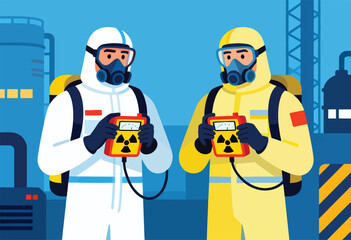 Fototapeta premium Two workers in protective suits hold radiation detectors near industrial structures