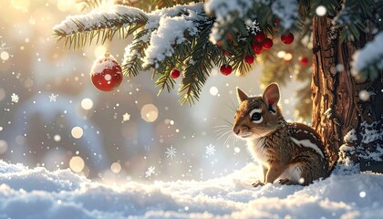 Chipmunk Under Snowy Christmas Tree with Red Ornament
