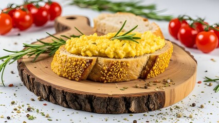 A wooden board holds toasted bread with scrambled eggs and herbs on a white surface surrounded by cherry tomatoes and rosemary