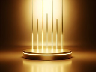 Golden Light Curtain Illuminating Circular Platform in Dark Room