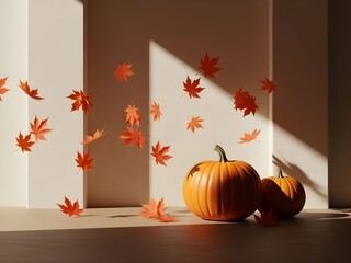 Pumpkins and autumn leaves on a table with sunlight casting shadows
