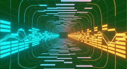 Vibrant digital tunnel with glowing lines and graphs speeding towards the future