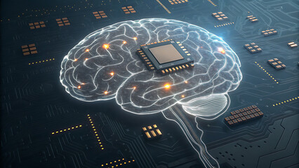 Stylized 3D glowing brain with integrated microchip on a dark circuit board, representing artificial intelligence and neural networks technology.