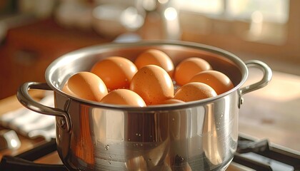 Brown Eggs in a Silver Pot on a Stove
