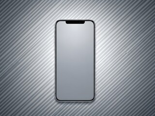 A silver smartphone with a blank screen is centered on a metallic background with diagonal stripes and a spotlight effect