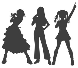 Set silhouette illustrations trio kpop idols singing and dancing on stage. Flat vector kpop music star. Modern group dancers with various different styles, poses and choreography. Korean pop cultures. © wpevortuna