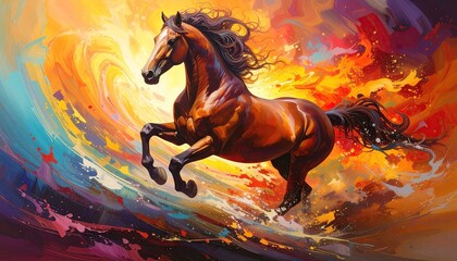 Brown Horse Running Through Vibrant Sunset Colors