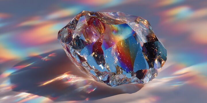 Clear crystal rock with sharp geometric facets rests on a reflective surface, casting caustic light patterns and rainbow refractions nearby.