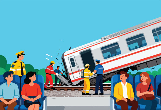 Train derailment scene with emergency responders and passengers looking on