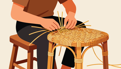Person weaving rattan seat for a stool with skilled hands