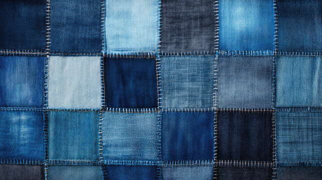 Blue denim patchwork design with fabric squares concept. A textured patchwork of various shades of blue denim fabric.