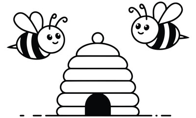 Cute cartoon bees flying around beehive vector illustration for kids and education