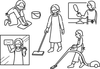 家の掃除をする40代女性のイラスト素材セット　線画のみ