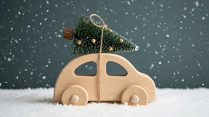 Miniature wooden car transporting a small christmas tree through a snowy landscape